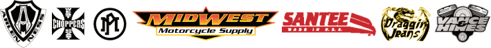 CCI, Accel, Revetch, Zodiac, Andrews, Primo, Barnett, Dragway, James, Jim's, Blue Dog, Rjays, Avon, Metzeler, Michelin, Firestone, Extreme Machine, Arlen Ness, Performance Machine, Pro One, RC Components, Midwest, American Suspension, Hawg Halters, EXILE, MIDUSA, Accutronix, Draggin Jeans, Vance & Hines, Santee
